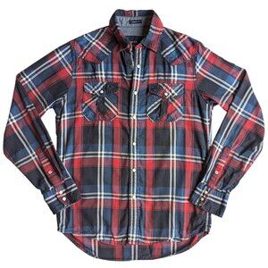 American Eagle Men's Vintage Fit Long Sleeve Plaid Shirt Blue & Red | XS